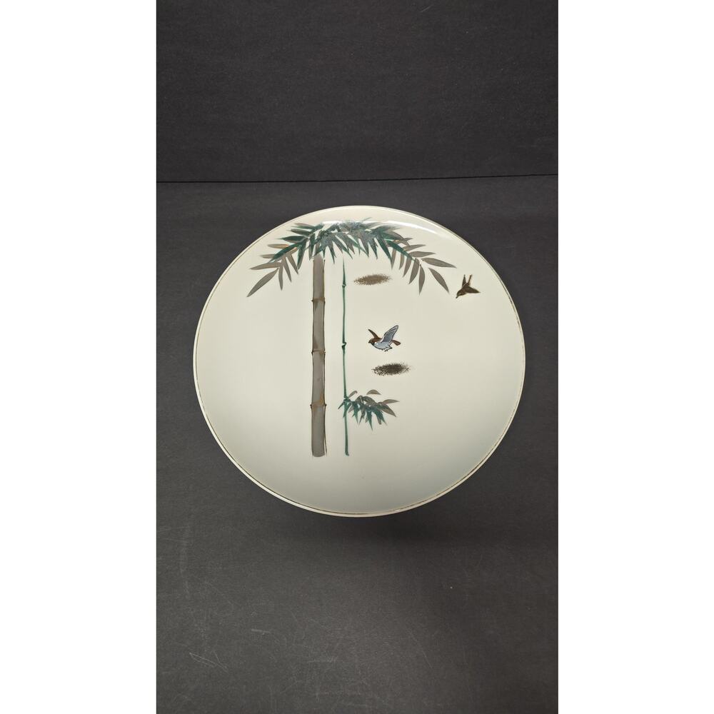 Vintage Y.Y Bamboo Birds Dinner Plate Porcelain Japan White Gold Trim Asian